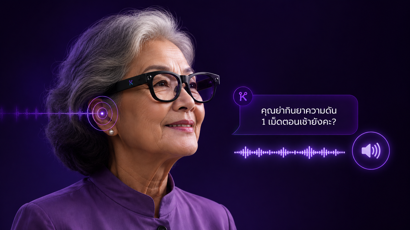 คุณย่าสวมแว่นตาอัจฉริยะ KLER AI พร้อมข้อความถามเรื่องยาความดัน